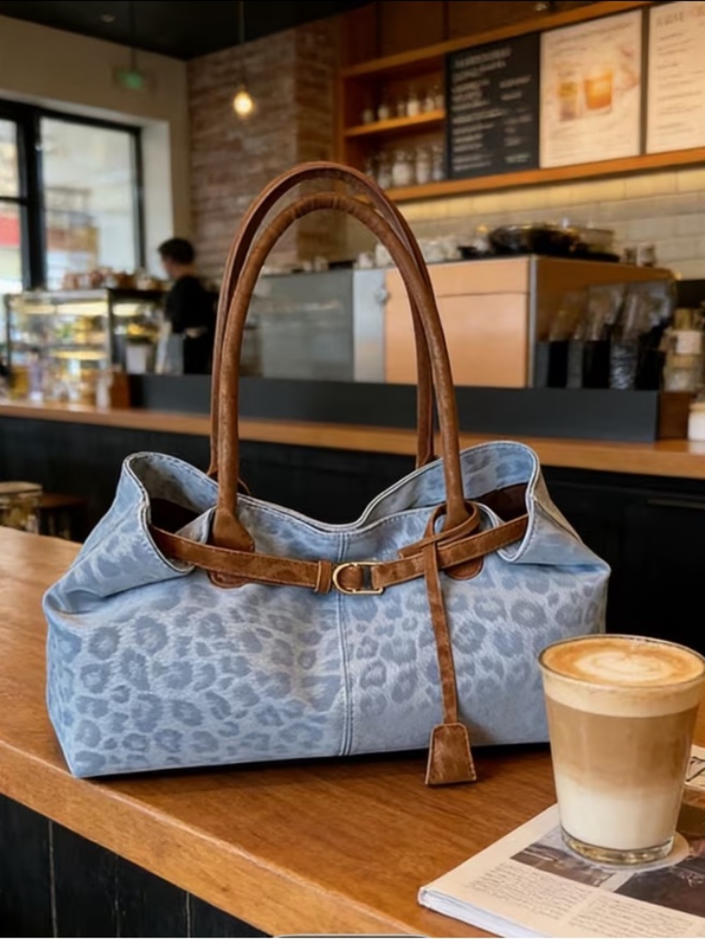 Light Blue Leopard-Print Tote Bag with Brown Leather Trim